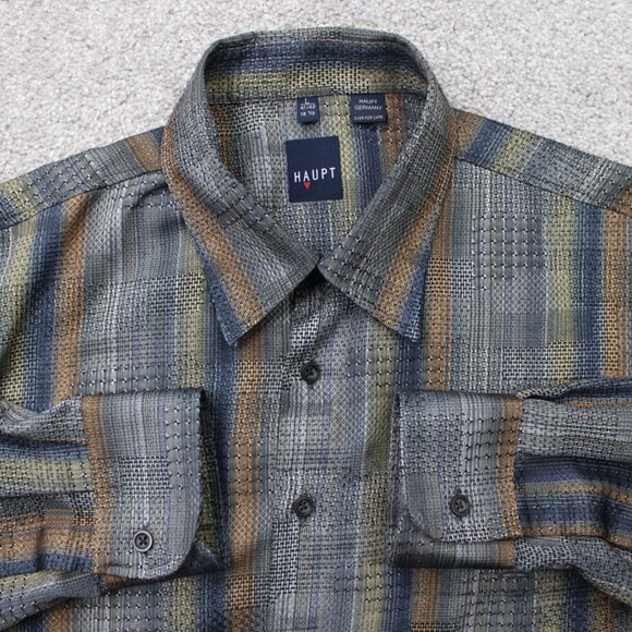 Haupt Shirt Mens 16 1/2, 41/42, Large Gray/Brown Striped Long Sleeve Button Up - Picture 1 of 12